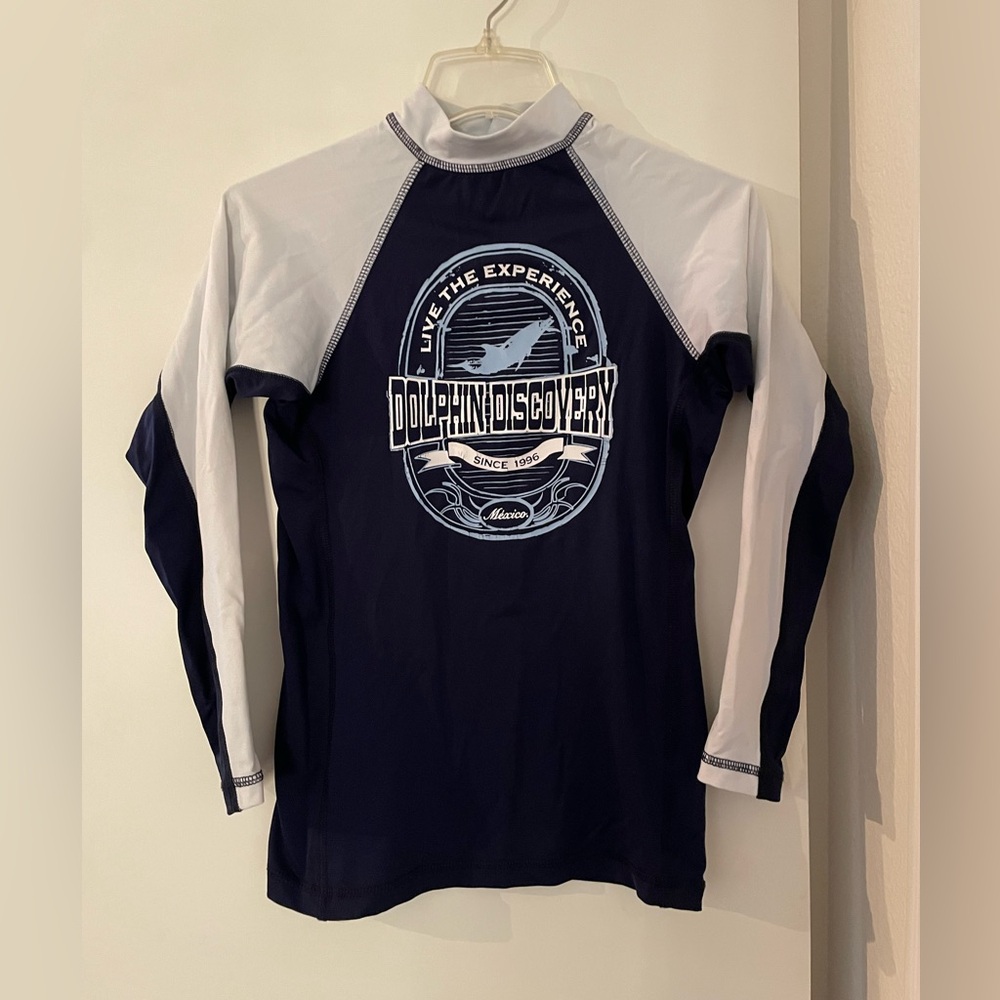 Full Sand UPF 50 Rash Guard Adult Long Sleeve Crew Neck Swim Beach Blue/White